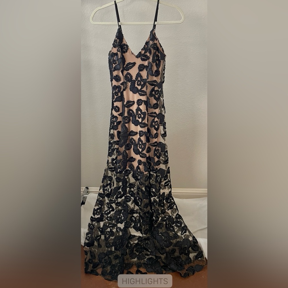 Dress the Population Sidney Black Beige Floral Maxi Dress Gown Size S